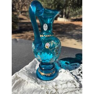 Fenton Glass Pitcher Vase Floral Hand Painted Gold Trim Turquoise Carnival